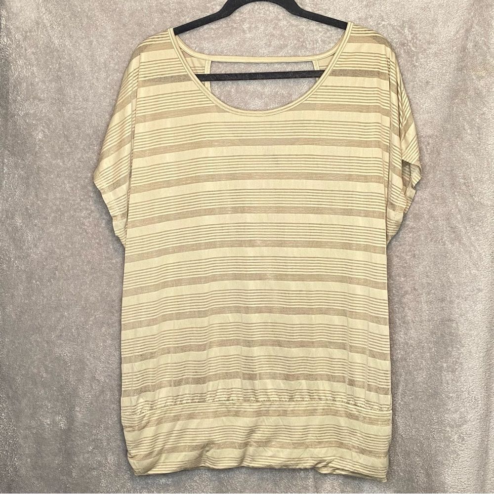 LANE bryant womens top shirt 18 20 brown tan striped short sleeve cutout back
